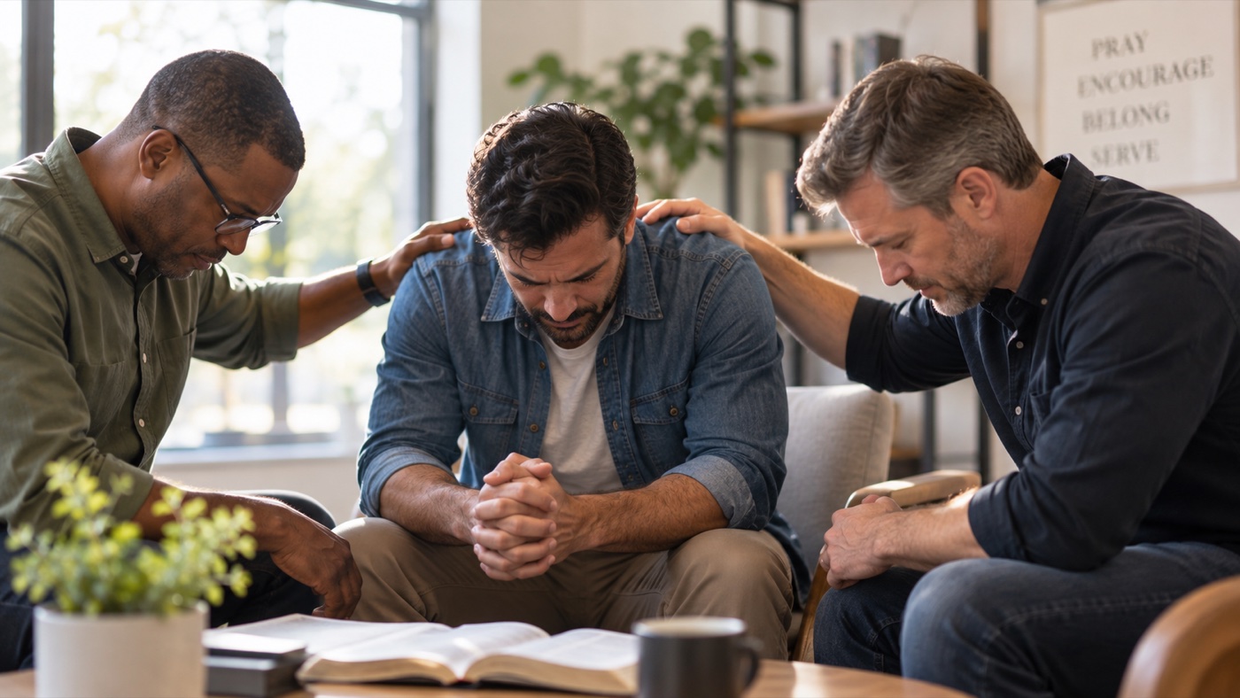 Three men praying quietly together, with two resting their hands on the shoulders of the man between them.
