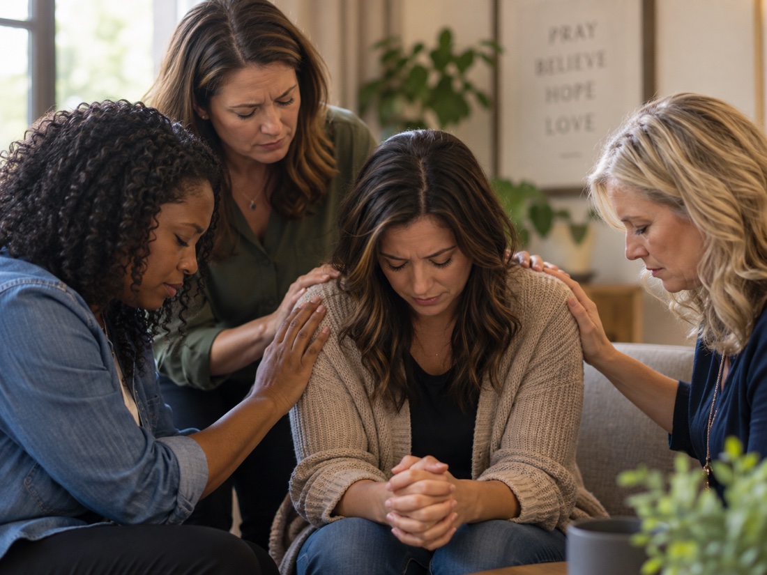 Four women praying quietly together, offering support with hands resting on the shoulders of the woman between them.